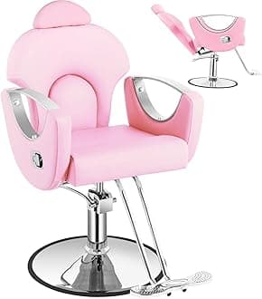 Pink Salon Chair, Reclining Salon Chair for Hair Stylist, Hair Chair with Heavy Duty Hydraulic Pump, 360 Degrees Swivel, Styling Braiding Hairdresser Chair for Home Barbershop