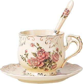 YOLIFE Vintage Rose Tea Cup, Ivory Porcelain Tea Cup and Saucer with Spoon Set, 8 OZ Ceramic Tea Cup Set