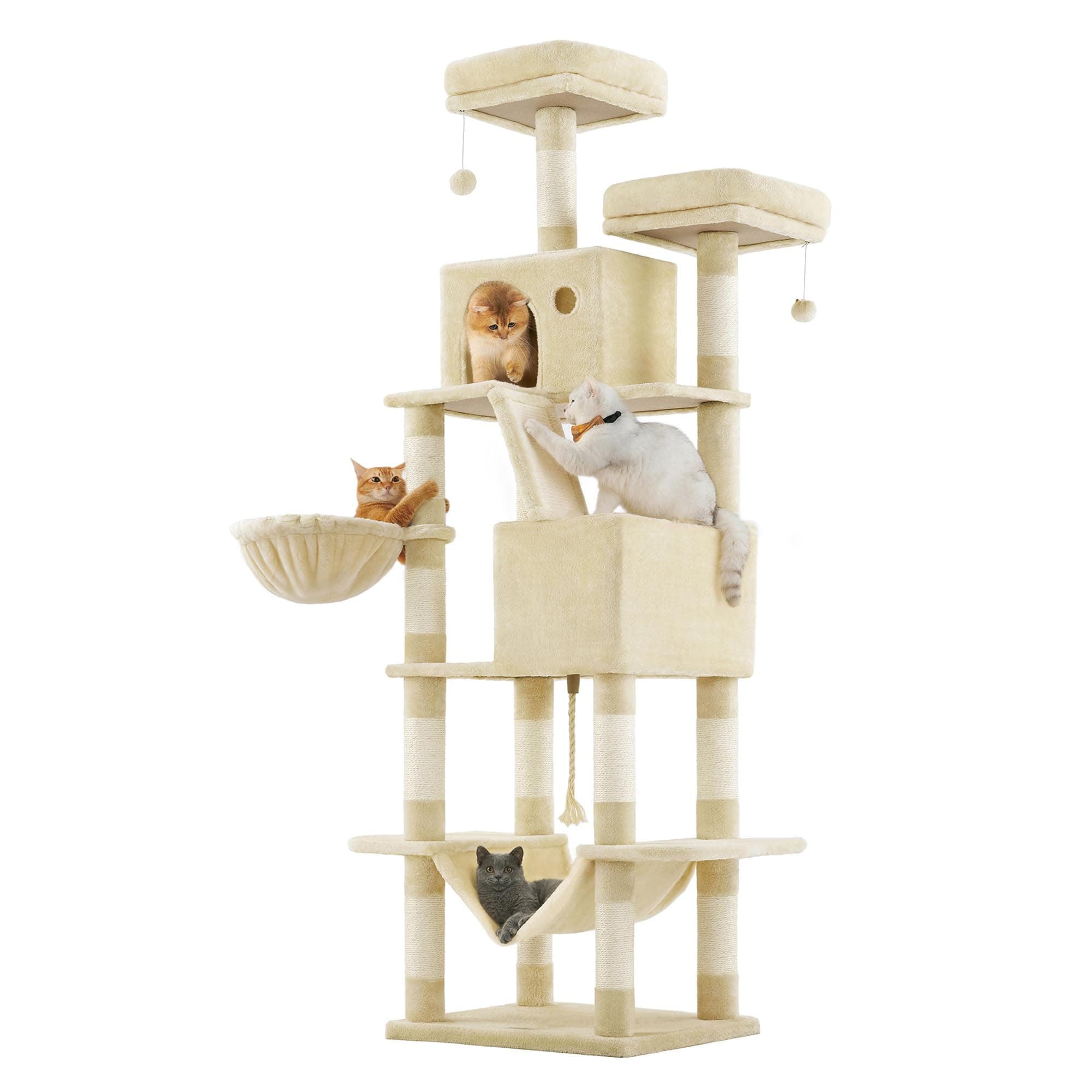 Feandrea Cat Tree, 81.1-Inch Large Cat Tower with 13 Scratching Posts, 2 Perches, 2 Caves, Basket, Hammock, Pompoms, Multi-Level Plush Cat Condo for Indoor Cats, Beige UPCT190M01