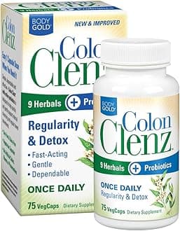 Body Gold Colon Clenz Regularity & Detox Formula | Once Daily with 9 Herbs + Active Probiotics (75 CT)