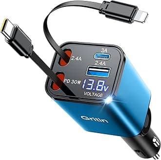 Gritin Retractable Car Charger, 69W Super Fast 4 in 1 USB C Car Charger Adapter with Smart Device-Adaptive Charging Technology&Instant Voltage Display, Accessories for iPhone17 16 Pro Max,iPad -Blue