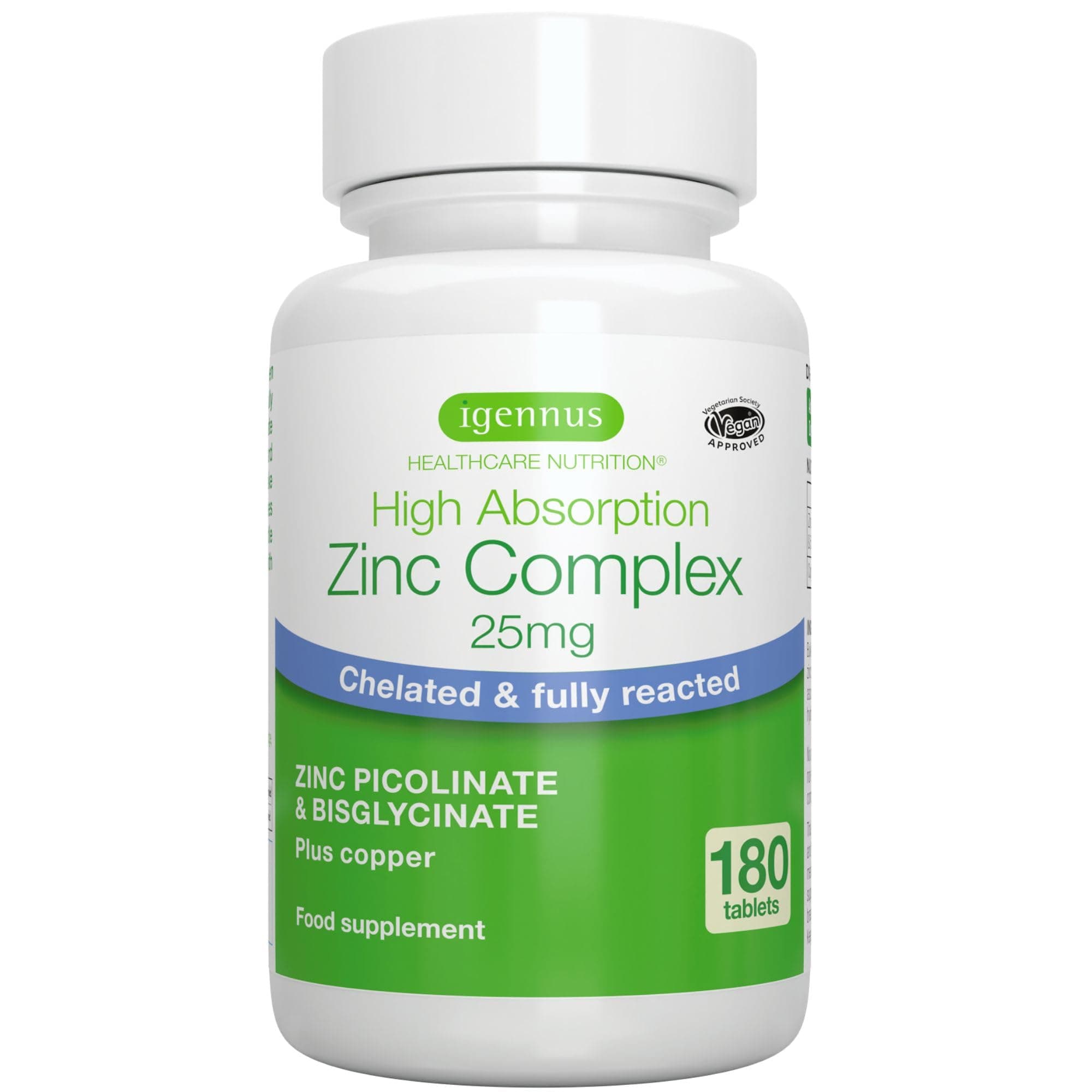 Igennus Clean Chelated Zinc Picolinate & Bisglycinate Complex 25mg with Copper, 6 Month Supply 180 Tablets, High Absorption & Lab Verified, Non-GMO, Supplement for Men & Women, Immune Support & Skin