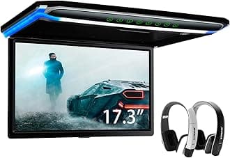 XTRONS® 17.3 Inch 16:9 Ultra-Thin FHD Digital TFT Screen 1080P Video Car Overhead Player Roof Mounted Monitor HDMI Port 1920 * 1080 Full High Definition New IR Headphones (Black & White) (No DVD)