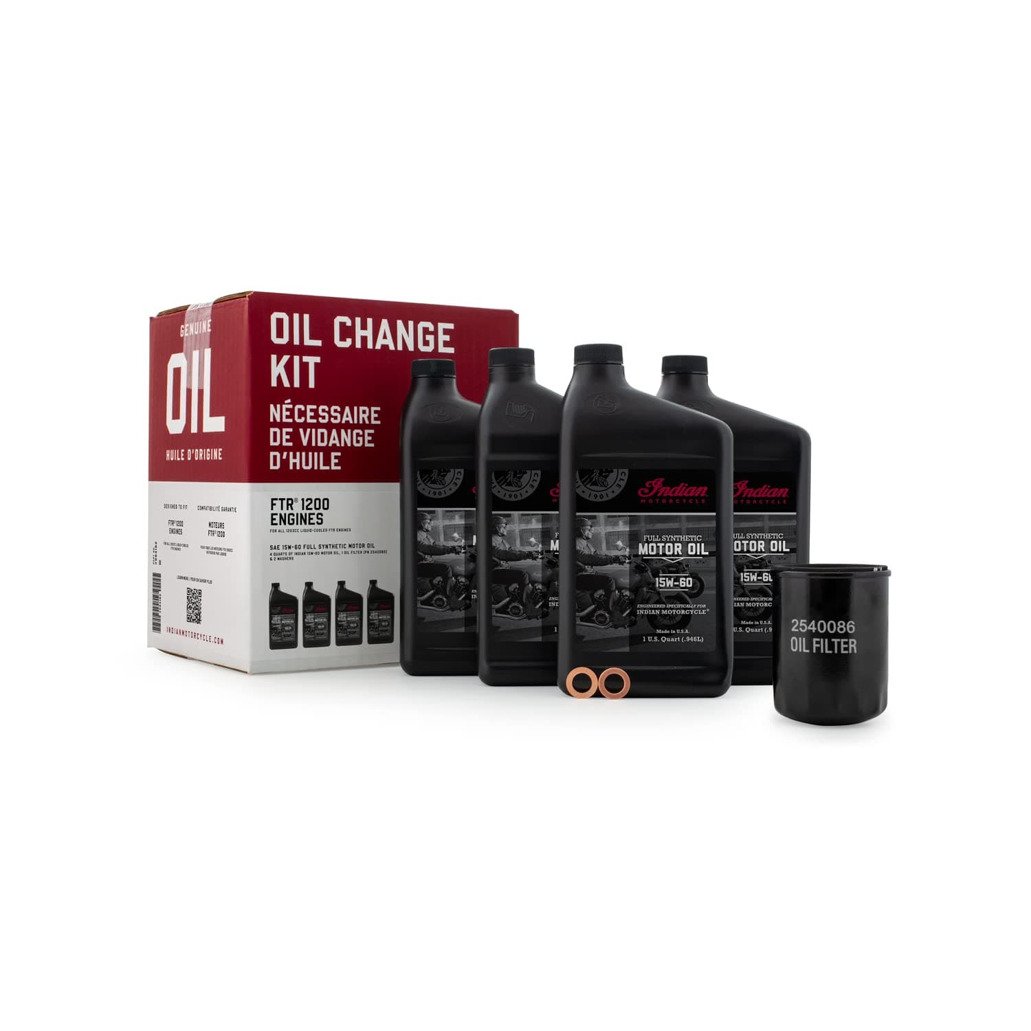 Oil Change Kit for Specific FTR Models Including 1200, S, Rally, Sport, Carbon and More, Includes 4 Quarts 15W-60 Full Synthetic Oil, 1 Oil Filter, 2 Washers - 2884182