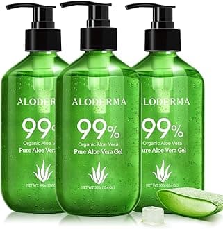 Aloderma Aloe Vera Gel Made within 12 Hours of Harvest with 99% Pure Organic Aloe Vera - Pump Bottle - Ideal for Face and Body, Soothing & Hydrating Sunburn Relief, Great for Scalp & Hair - 3 x 10.6oz