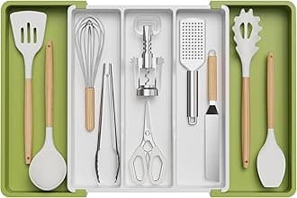 Lifewit Utensil Drawer Organiser, Extendable Cutlery Tray for Kitchen, Adjustable Silverware Flatware Holder, Plastic Kitchen Spatula Tools and Gadgets Storage Divider, Large, Green&White