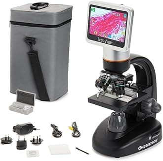 Celestron – TetraView LCD Digital Microscope – 4.3" Screen – 5MP Camera – 40x–1600x Magnification – Rotating Head – SD Card Included –TV Output – Ideal for Slides, Labs, Classrooms, Biology, Education
