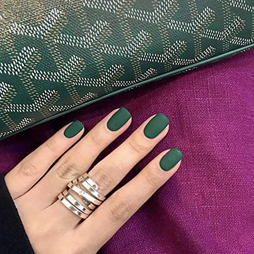 Denifery 24 Pieces Coffin Short Square False Nails Matte Artificial Fake Fingernails Ballerina Nail Tips Kit Full Cover with Nail Stick File for Nail Art Salon DIY Decoration (Deep Green)