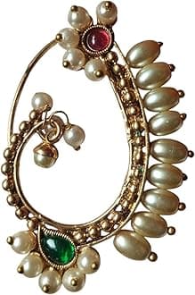 ArtNestCrafted Golden Brass | Maharashtrian Pearl Nose Ring or Nathiya | Traditional Indian Bridal Jewelry | Hypoallergenic Ethnic Nose Pin (Design N15)