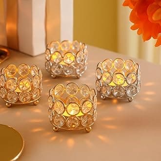 Crystal Tealight Candle Holder for Home Decoration, Diya Diwali Decoration Items Small T Lites Christams Diya Votives -Return Gift for Wedding Table Decor (Gold (Pack of 4)