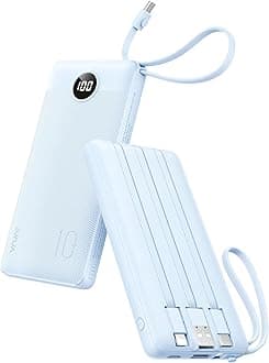 VRURC 10000mAh Power Bank Built-in Cables, Portable Charger with LED Display, Slim Travel Battery Pack with Cords, 5 Output Dual Input Phone Charger for Cell Phone Smart Devcies-Blue(1 Pack)
