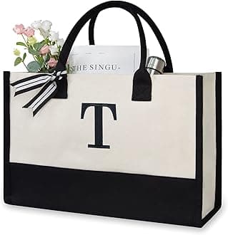 TOPDesign Embroidery Initial Canvas Tote Bag, Personalized Present Bag, Suitable for Wedding, Birthday, Beach, Holiday, is a Great Gift for Women, Mom, Teachers, Friends, Bridesmaids (Letter T)