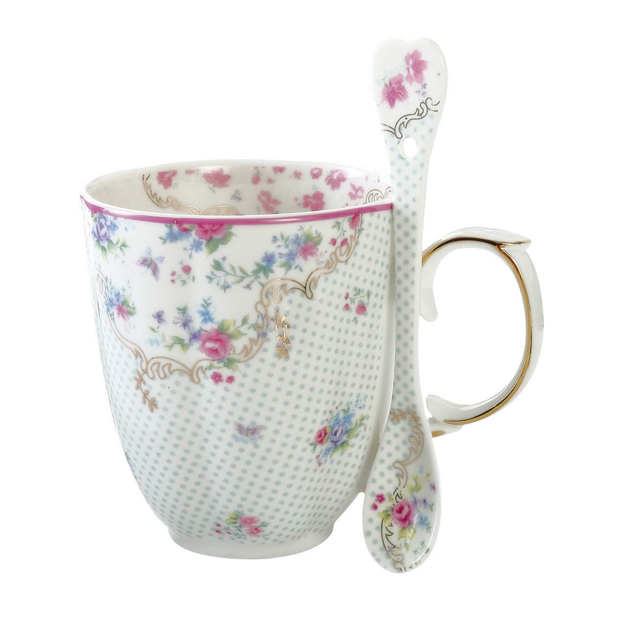 Coffee Mug with Spoon Set Royal Bone China Tea Cup 12 Oz for Specialty Coffee Drinks, Latte, Cafe Mocha and Tea, Unique Gift for Women, Valentine's Day, Anniversary, Birthday and Holiday (Blue)