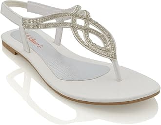 Womens Flat Sparkly T-Bar Sandals Ladies Slingback Stretchy Diamante Toe Post Flip Flop Shoes Size