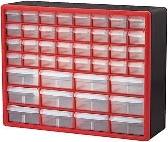 Akro-Mils 10144 44-Drawer Plastic Drawer Storage Cabinet for Garage Organization, Lego Storage, Teacher Toolbox, Makeup Organizer, and More, 50.8 cm W x 15.24 cm D x 40.64 cm H, Red