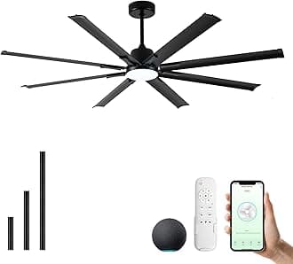 72 Inch Ceiling Fan with Light, Industrial Ceiling Fan with 8 Black Aluminum Blades, Smart Fan Works with Alexa, Garage Fan for