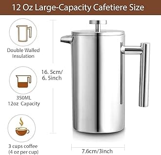 Miuly Small French Press Coffee Maker,12OZ/350ML Stainless Steel Insulated Coffee Press,Stainless Steel French Press with 2 Fliters 0.35 Liter (12oz, Sliver)