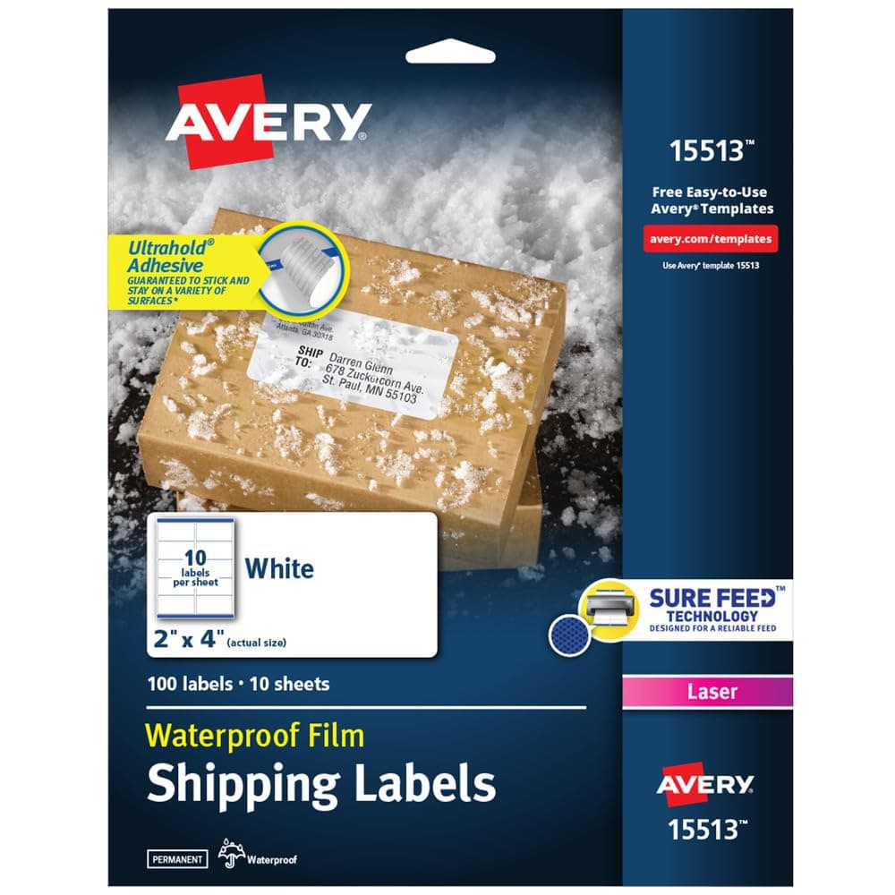 Waterproof Printable Shipping Labels with Sure Feed, 2" x 4", White, 100 Blank Mailing Labels (15513)