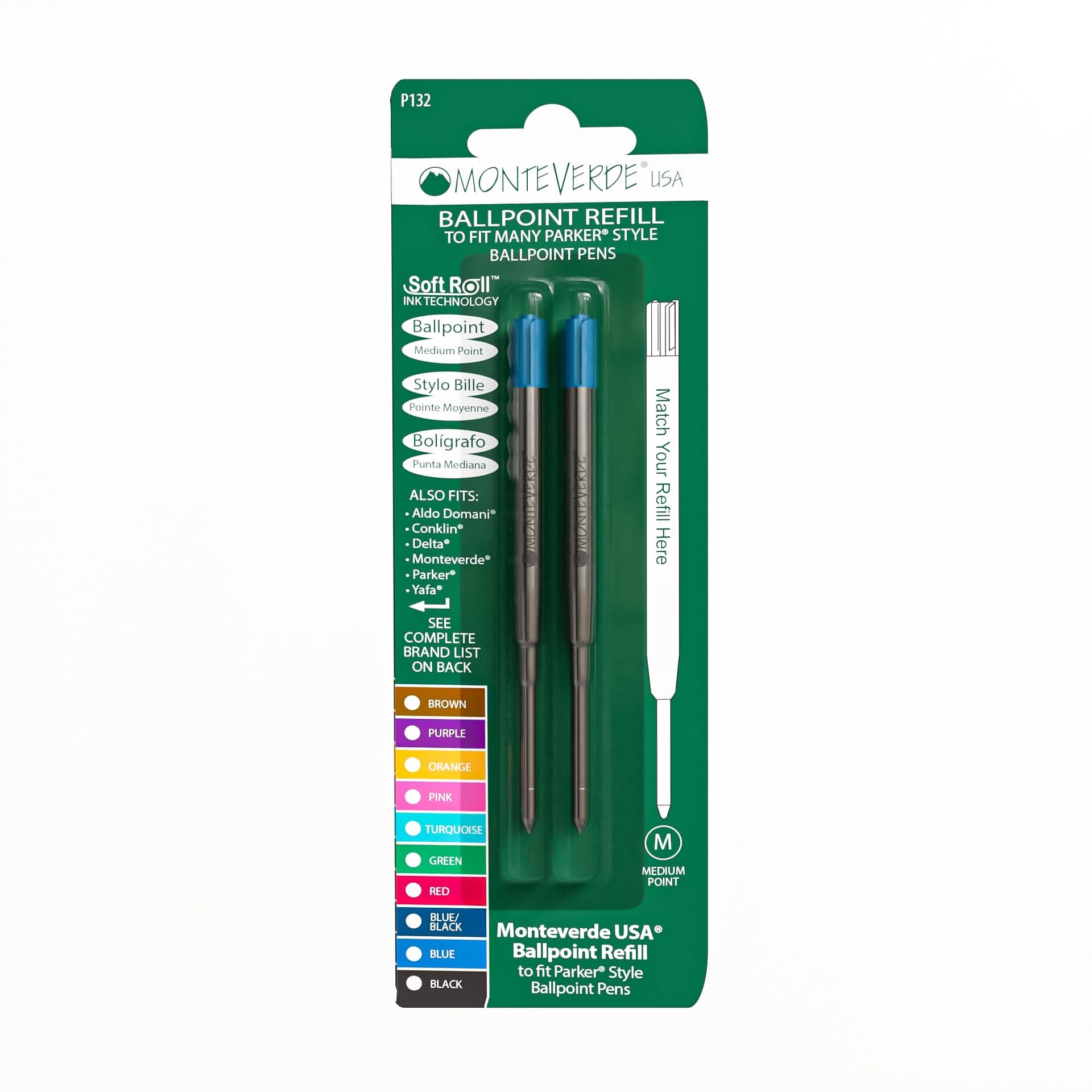 Medium Ballpoint Soft Roll Refill for Parker Pens - Turquoise (Pack of 2)
