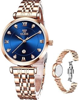 Gold Watch for Women,Rose Gold Stainless Steel Waterproof Watches Small Face,Fashion Luxury Classic Quartz Wrist Watch with Date,Ladies Diamonds Watch Red/Blue/White Dial
