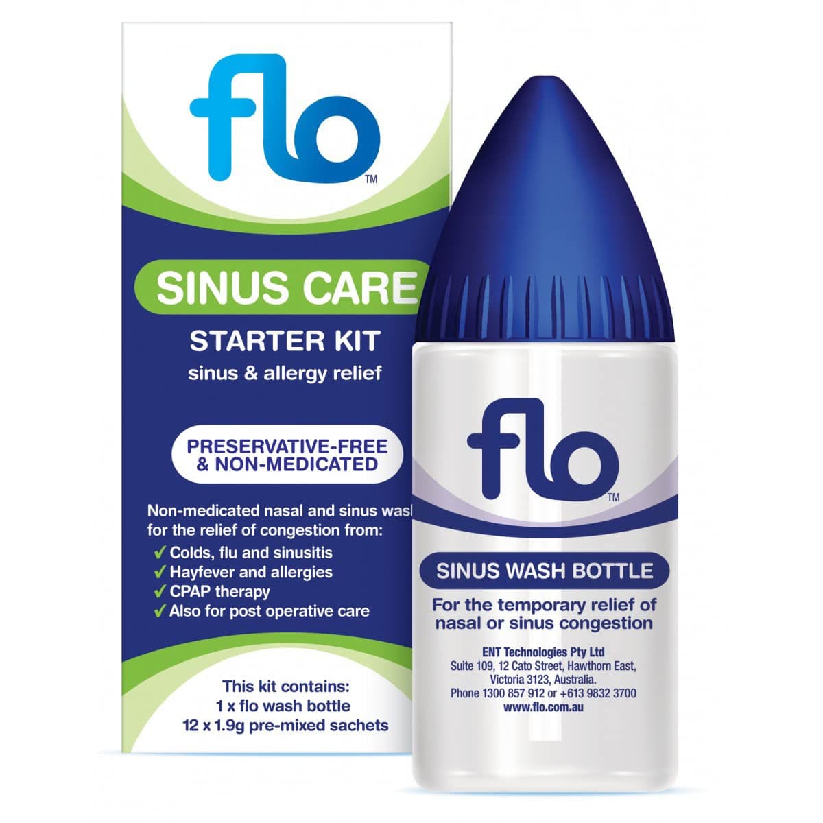 FLO Sinus Relief, Sinus Rinse Starter Kit With 12 Pre-Mixed Packets for Nasal Wash, Preservative-Free and Non-Medicated, Nose Cleaner Adult
