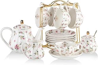 Porcelain Tea Sets British Royal Series, 8 OZ Cups & Saucer Service for 6, with Teapot Sugar Bowl Cream Pitcher Teaspoons and Tea Strainer, Suitable for High Tea, Wedding, Party（Spring Flowers）