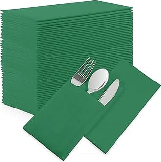 Green Dinner Napkins Disposable - 50Pack Linen-Feel Paper Napkins with Built-in Flatware Pocket, Prefolded Cloth Like Paper Napkins Bulk For Dinner, Wedding, Party or Everyday Use (Green)