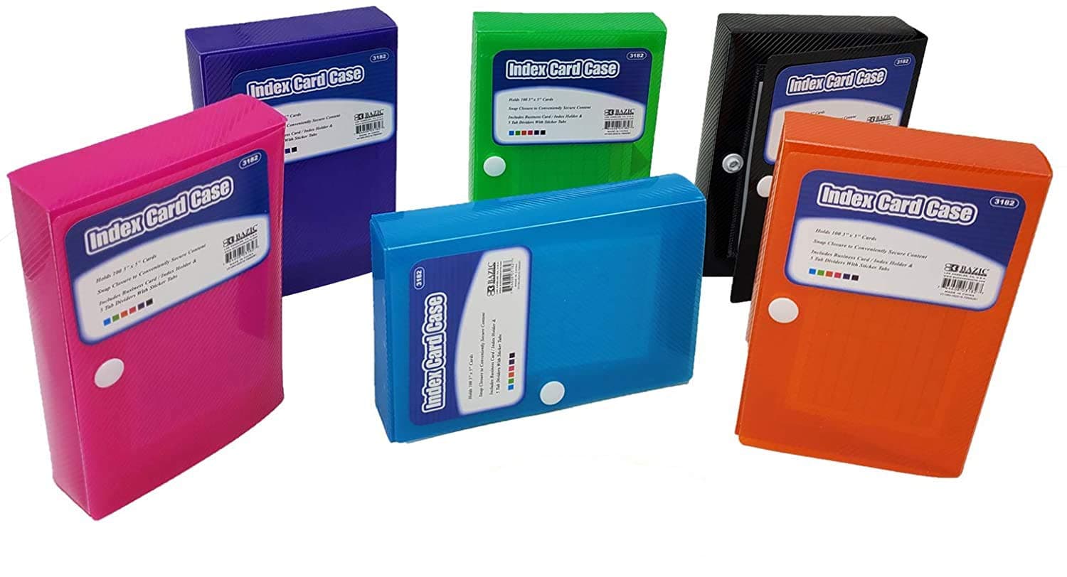 Plastic Index Note Card Holder case - 5 tab Divider with Sticker tab, Holds up to 100 Index Cards 5”x 3” (6 Pack)
