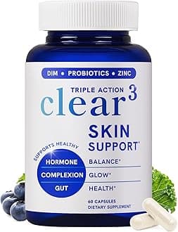 Clear Skin Supplement with Zinc, DIM & Probiotics | 3-in-1 Balance, Glow & Health Skin Support | Triple Action Hyaluronic Acid, Niaciminide & Vitamins for Hormone, Complexion & Gut Support | 120 Ct