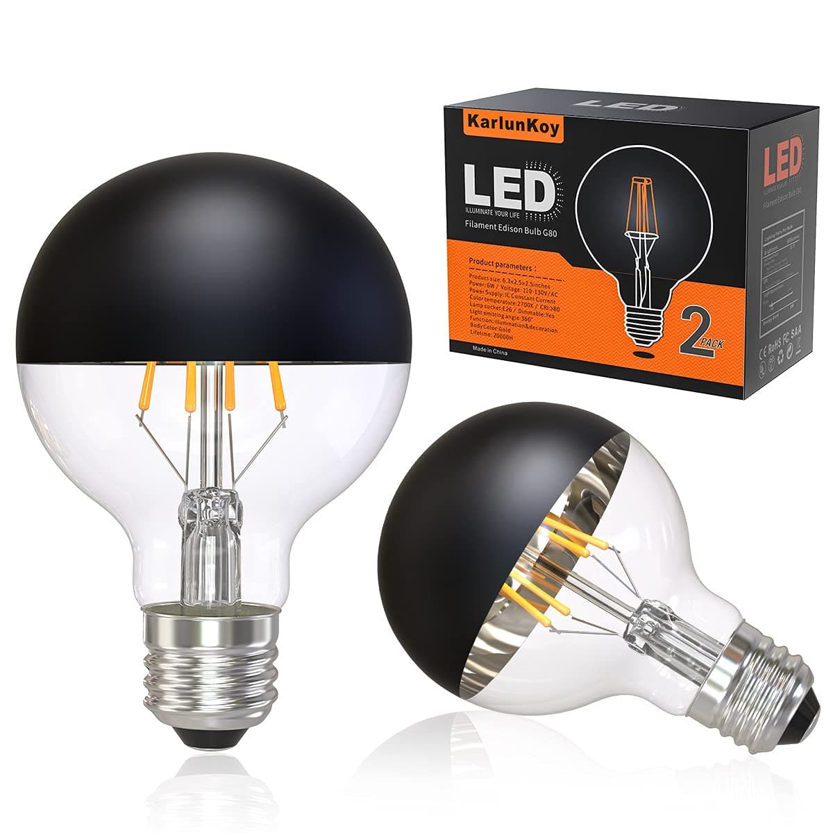 Half Chrome Light Bulb,Dimmable 6W (Equivalent 60 Watt) LED Edison Bulbs,G25/ G80 Half Black Dipped LED Light Bulb Globe Shape 2700K Warm White,Decorative Mirror CRI 90+ E26 Base Pack of 2 (Black)