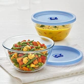Borosil 2pc Set of 900ml Round Shape Select Serving & Mixing Bowl with Blue Lid | Borosilicate Glass Bowl for Kitchen & Dinning | Bowl for Mixing Dough, Salad, Batter | Microwave & Dishwasher Safe