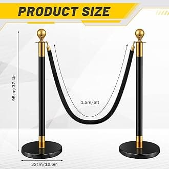 Stainless Steel Stanchion Post Queue 5 ft Red Velvet Rope Red Carpet Ropes and Poles Crowd Control Barriers Sand Injection Hollow Base and Velvet Ropes Set for Party Supplies (6 Pieces, Black, Gold)