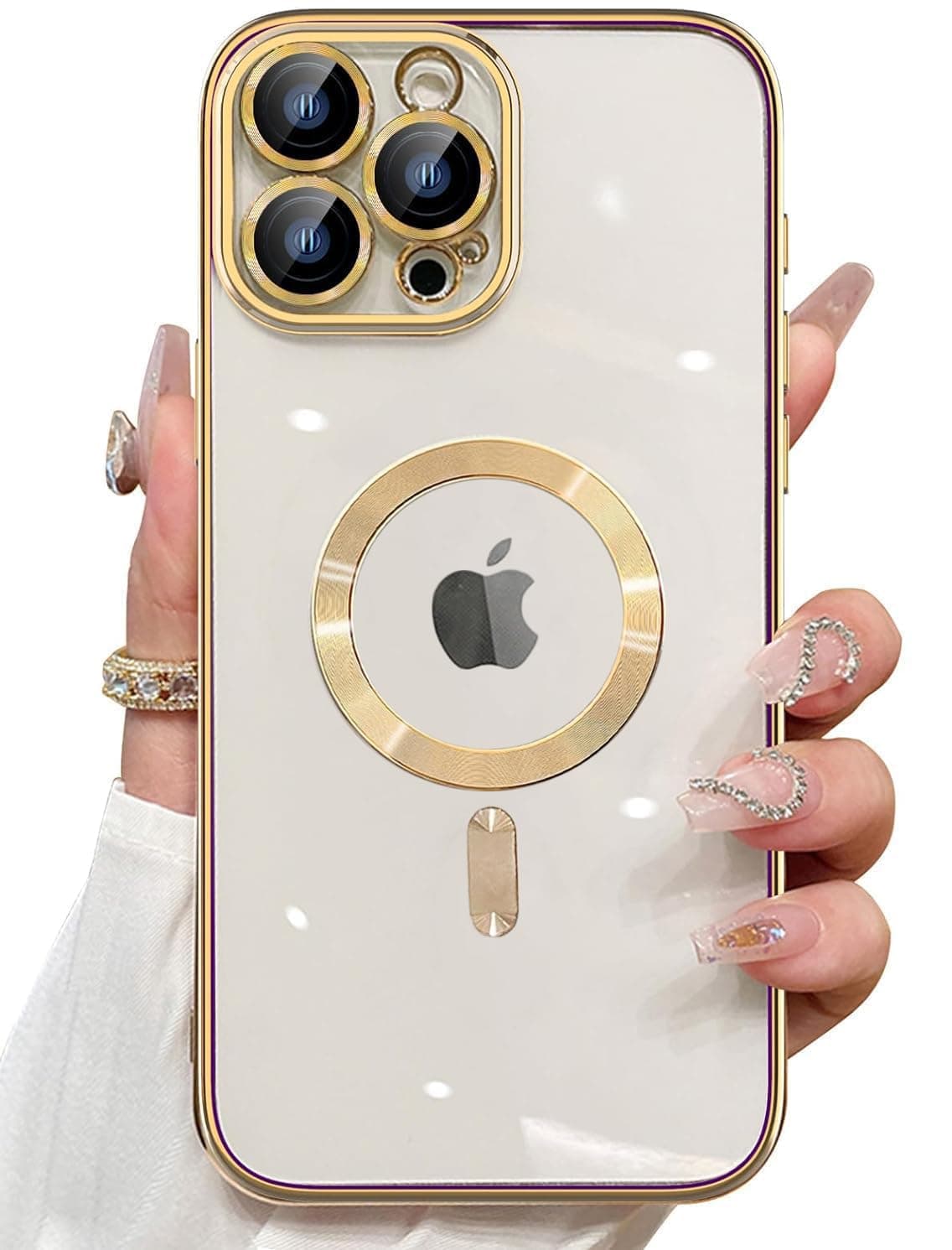 Electroplating Transparent Clear Logo Back Cover TPU Compatible with iPhone 15 Pro Max Case, Compatible with Magsafe, Full Body & Individual Camera Protection for Each Lens (Gold)