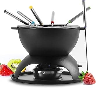 Artestia Cast Iron Fondue Pot for Chocolate, 5-Cup Cheese Fondue Pot with 6 Colored Forks for Fondue Party, 4-6 Person, Black