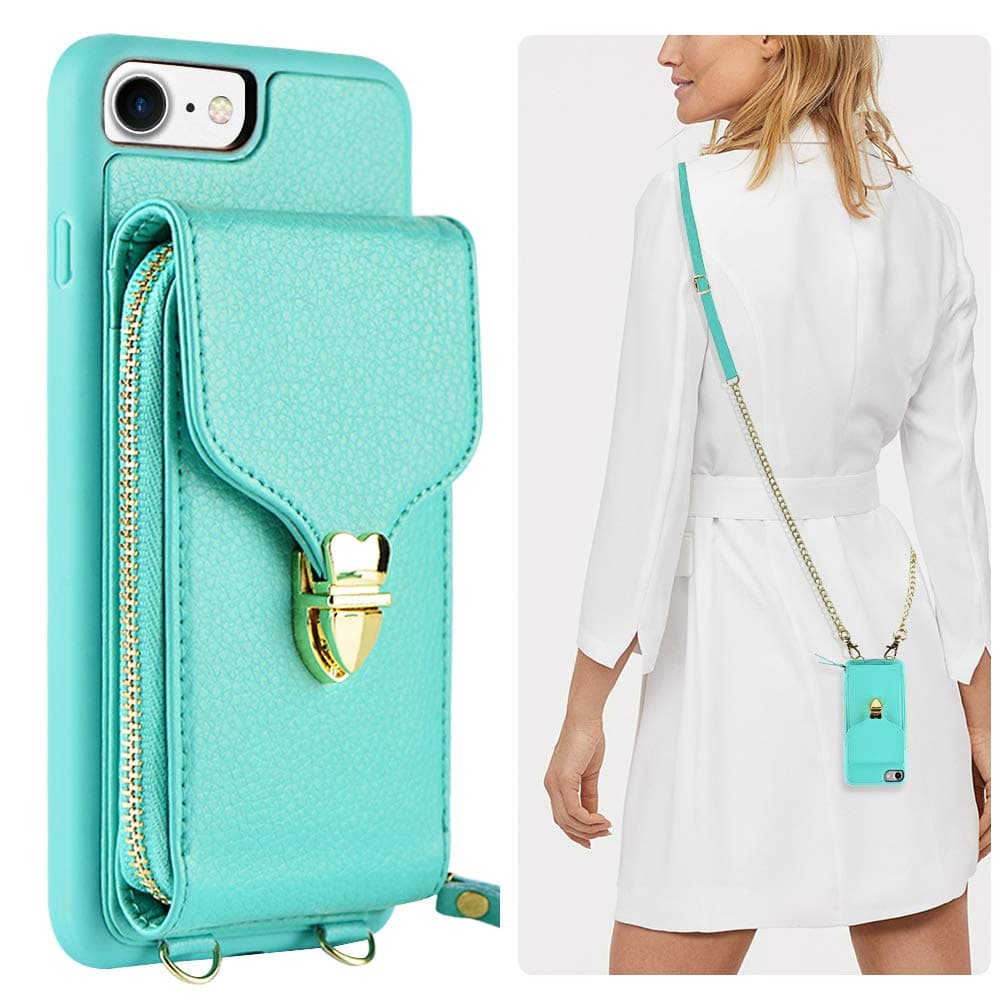 for iPhone 8 Wallet Case, for iPhone 7 Crossbody Case, for iPhone SE Wallet case with Card Slot Holder Zipper Wrist Strap Crossbody Chain Purse for Apple iPhone 7/8 / SE, 4.7 inch - Mint Blue