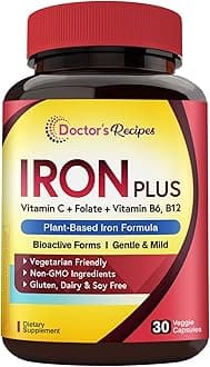 Iron Supplement for Women Men - Gentle Iron Bisglycinate with Vitamin C, B6, Folate & B12, Stomach Friendly Iron Pills, 30 Vegan Caps
