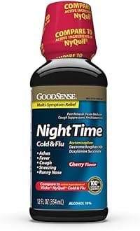 Good Sense Nighttime Cold and Flu Liquid Medicine, 6 Hour Relief of Fever, Sore Throat, Sneezing, Runny Nose, Cough and Aches, Cherry Flavor, 12 Fl Oz