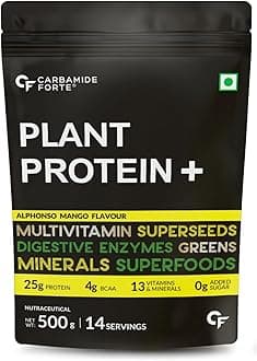 Vegan Protein Powder - Plant Based Protein Powder with Multivitamin, Minerals, Superfoods, Pea Protein, Digestive Enzymes | Plant Protein Powder - Alphonso Mango Flavour - 500g