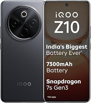 iQOO Z10 5G (Stellar Black, 8GB RAM, 256GB Storage) | India's Biggest Ever 7300 mAh Battery | Snapdragon 7s Gen 3 Processor | Brightest Quad Curved AMOLED Display in the Segment