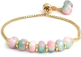 Gempires Multi Color Jade Beads Bracelet, Bolo Style, Crystal Bracelets, 14k Gold Plated 6 to 8 inch Adjustable, Handmade Bracelet for Women and Girls (Multi Color Jade)