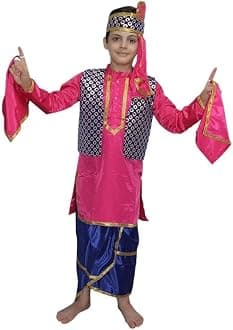 Indian State Punjabi Folk Dance Costume For Kids/Bhangda Gidda Dance Costume For Boys - Firozi & Magenta, 5-6 Years
