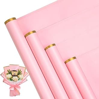 RUSPEPA 20 Sheets Flower Wrapping Paper - Gold Edge Waterproof Floral Bouquet Wrapping Paper - Florist Supplies Packaging Paper for Birthday, Wedding and DIY Crafts - Pink