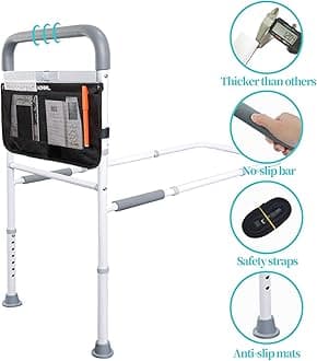 Bed Rails for Elderly Adults Safety with Motion Light Adjustable Heights Storage Pocket Assist Support Side Railing for Seniors Slides Under Bed Guard Bed Handle Bars (Grey Handle with Light)