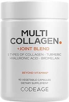 Codeage Multi Collagen Protein + Joint Blend Supplement, Hyaluronic Acid, Bromelain, Turmeric, Ginger, Boswellia, Astaxanthin - Hydrolyzed Bovine Collagen - 5 Collagen Types - Non-GMO - 90 Capsules