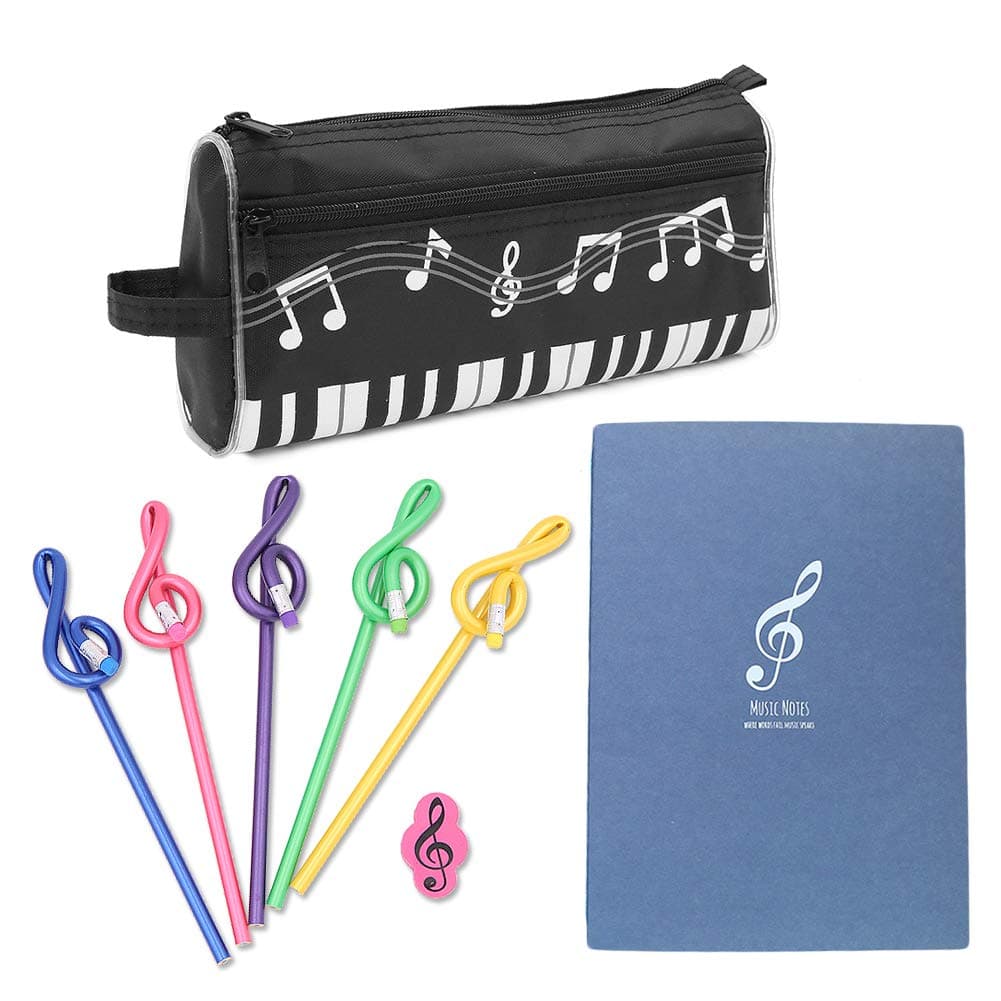 Music Notes Theme Stationery Set 8 Pieces Include 1 Piano Pattern Pen Case 1 Note Notebook 1 Eraser 5 Pencils for For Students Kids Study Gift