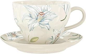 KASTWAVE 250ml Ceramic Tea Cup and Saucer Set, Floral Design Tea Cup for Office & Home, Dishwasher & Microwave Safe, Ideal for Cappuccino, Latte, Espresso & Americano (8.45oz)