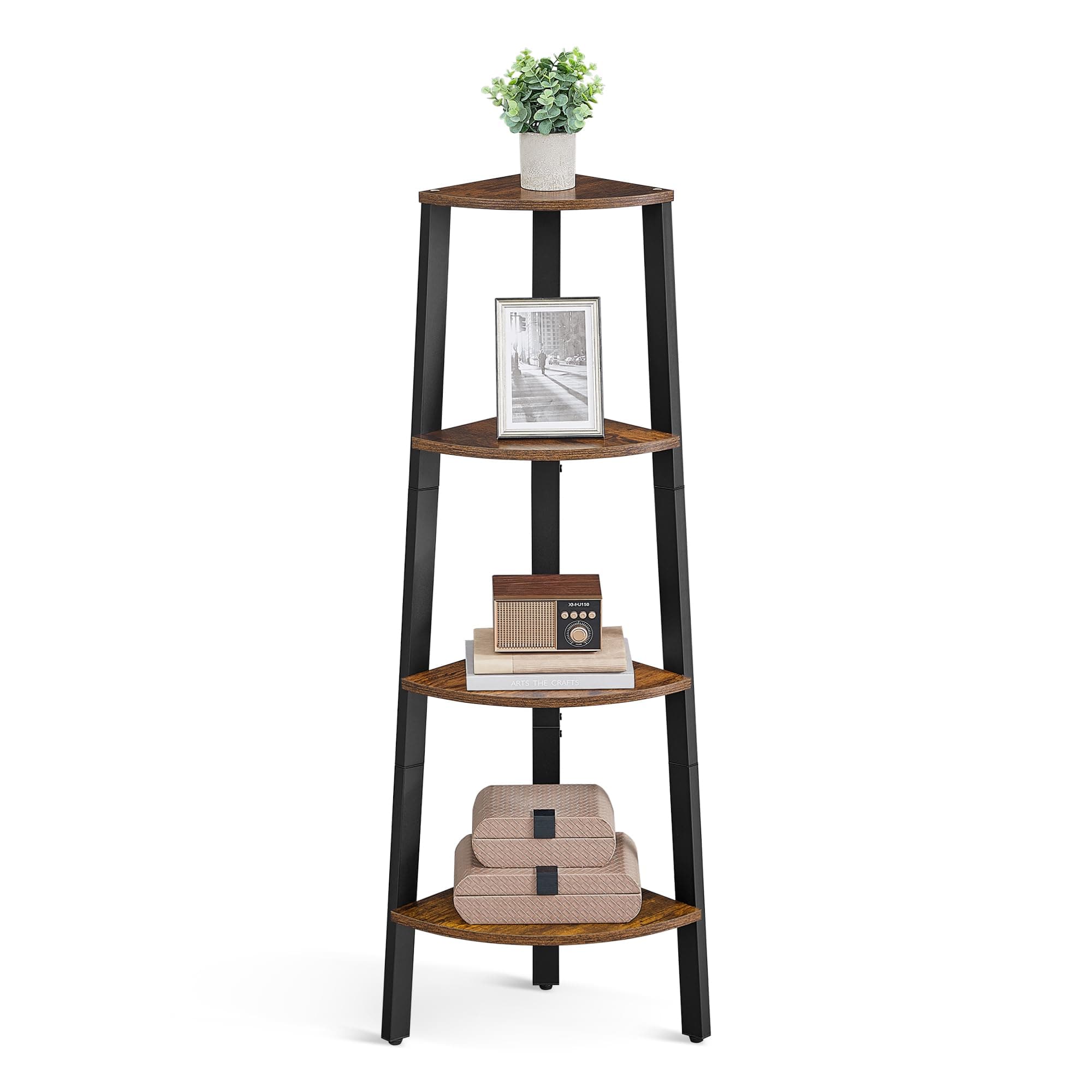 Corner Shelf Bookcase - 4 Tier Ladder Shelf - Storage Unit, Plant Holder for Living Room - Industrial Style with Steel Frame - Rustic Brown and Black - LLS34X