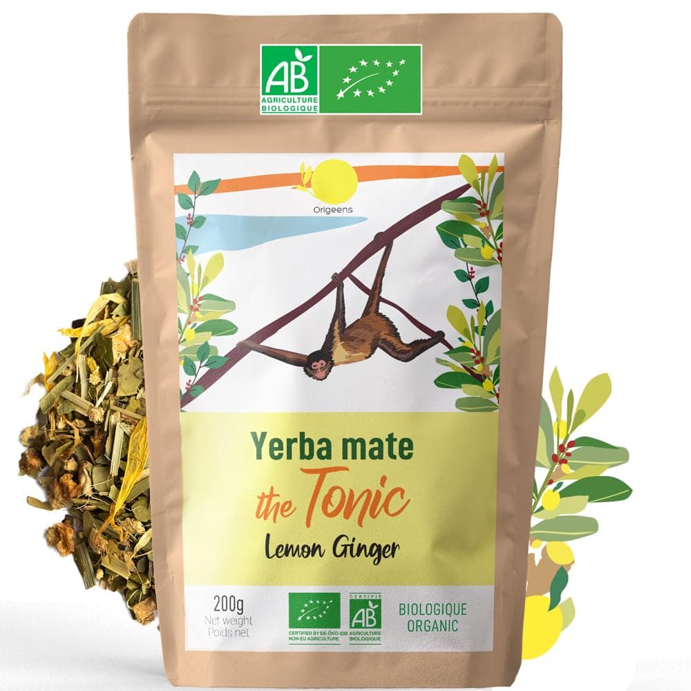 ORIGEENS Organic Yerba Mate Tea with Lemon and Ginger 200g - Le Tonique | Organic Unroasted Yerba Mate, Leaves, Without Stalks or Dust | Energy and Detox Drink