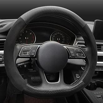 Carodi Car Suede Carbon Fiber Steering Wheel Cover Car Non-Slip Leather Car Interior Fitting 15-inch Universal（D-Shape,Black ）