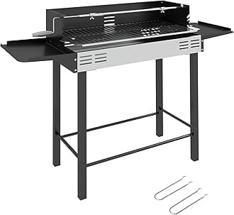 BBQ Rotisserie Grill Roaster, Charcoal Split Roaster for Chicken or Turkey with 3-Level Grill Grate, Foldable Storage Shelves, and Wind Deflector, Stainless Steel, Black